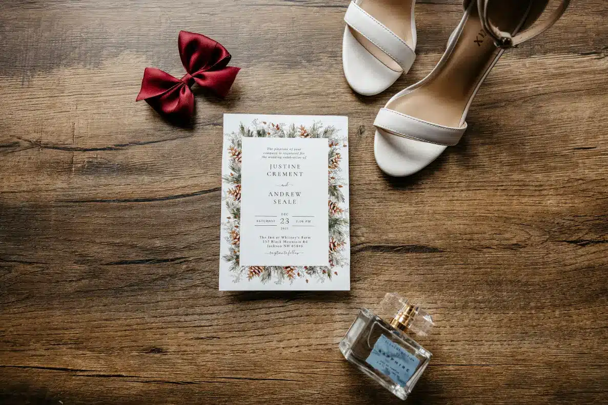 Elegant flat lay of unique wedding invitation ideas New England themed