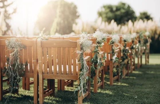 Wooden ceremony chairs decorated with baby's breath in a sunlit field