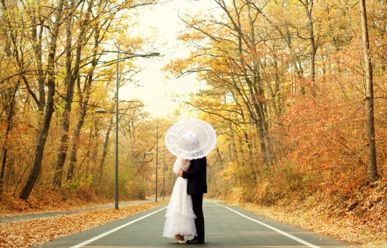Couple kissing behind a lace parasol on a tree-lined autumn road