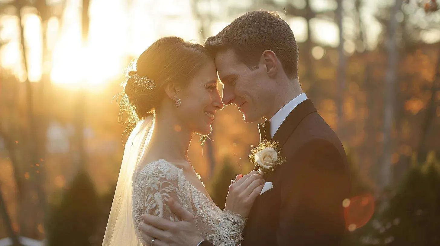 Bride and groom touching foreheads at sunset among autumn trees in New England