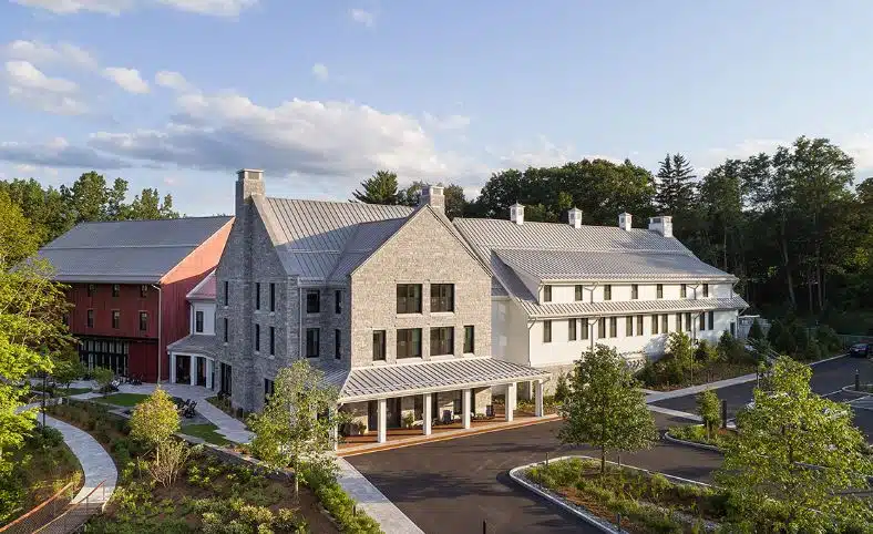 An aerial view of the modern exterior of The Williams Inn, a hotel and wedding venue in Williamstown, Massachusetts.