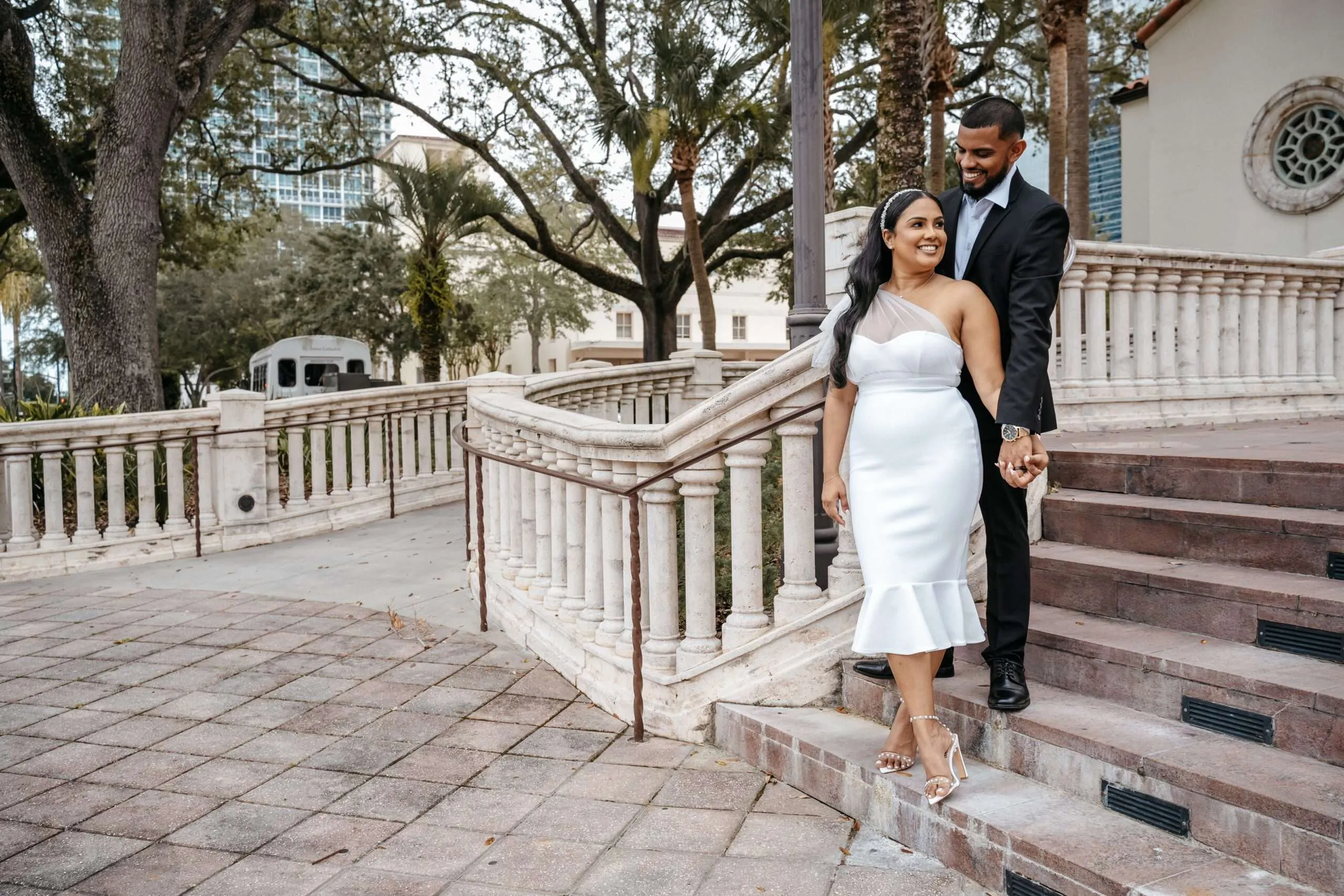 Elegant Indian engagement photography of Stephnie and Arvind inside a church, highlighting the start of their fusion wedding journey.
