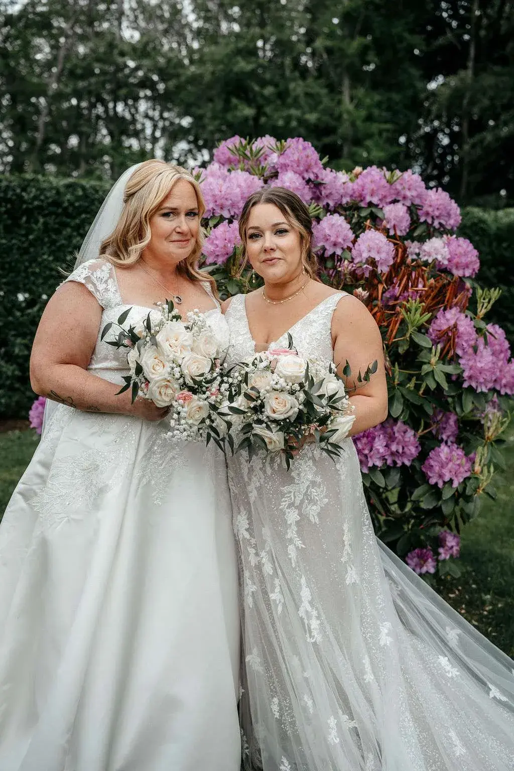 Heather and Erin pose for a romantic wedding portrait at The Sagamore Resort in Bolton Landing, New York.
