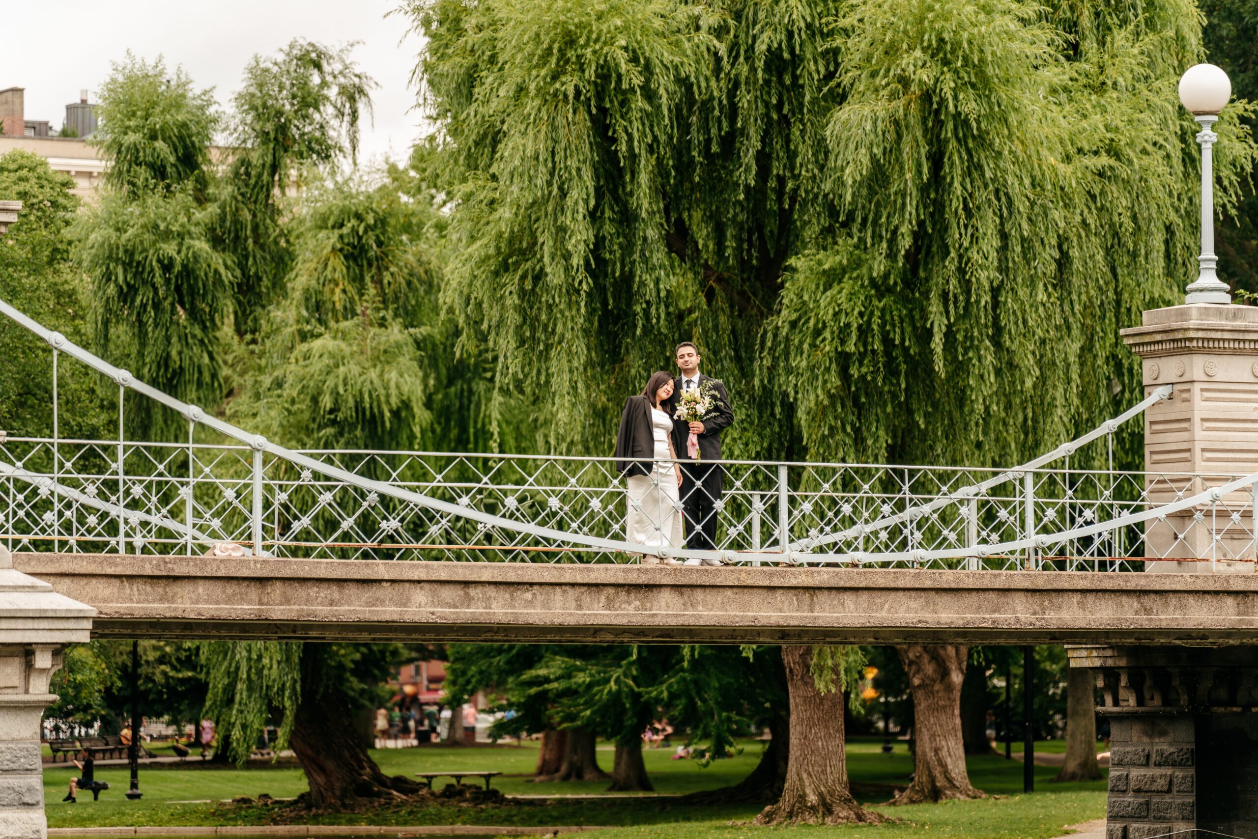 Newlyweds posing on the Boston Public Garden footbridge among willow trees