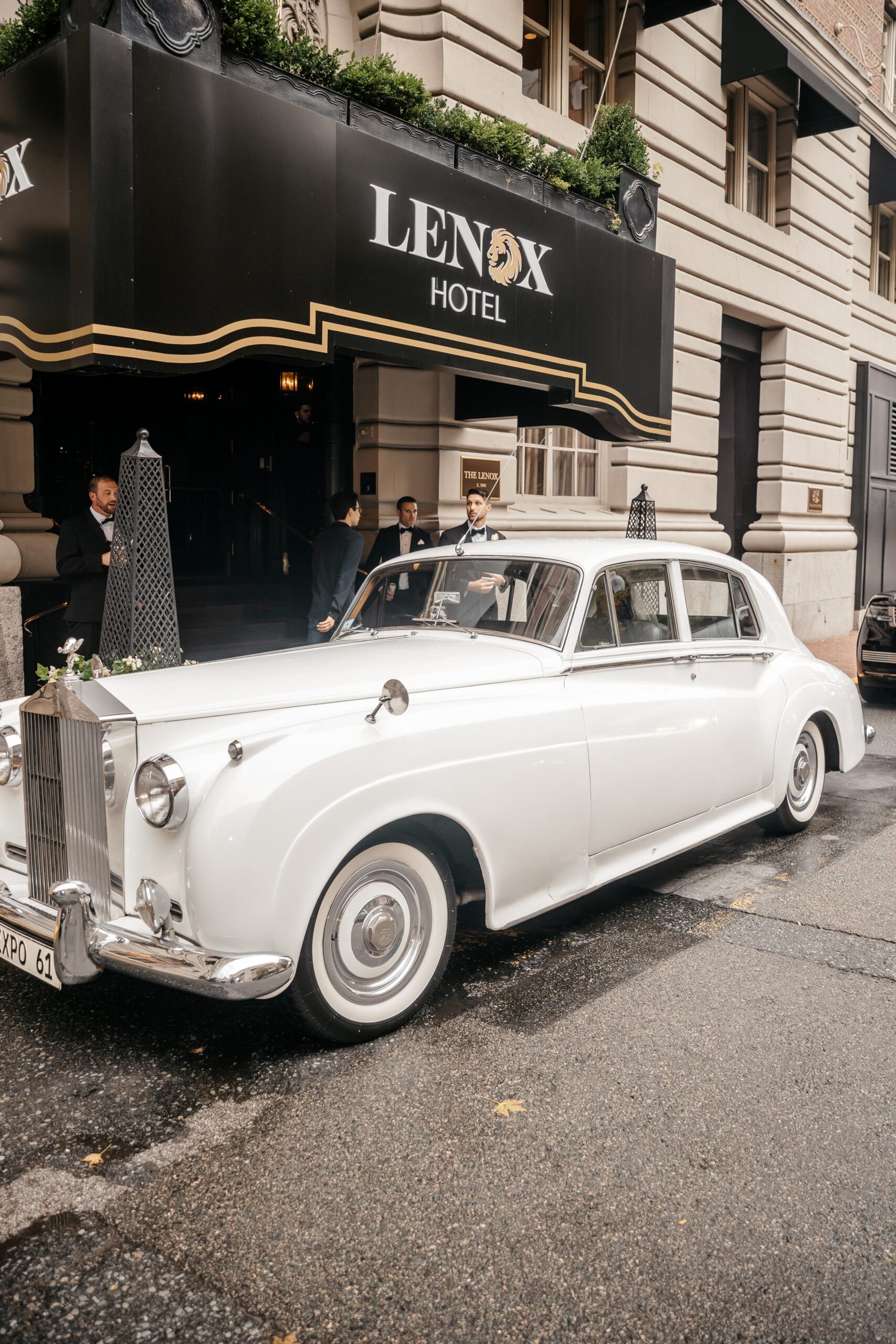 The Lenox Hotel Boston wedding venue exterior with vintage Rolls Royce, elegant Boston hotel wedding venue setting