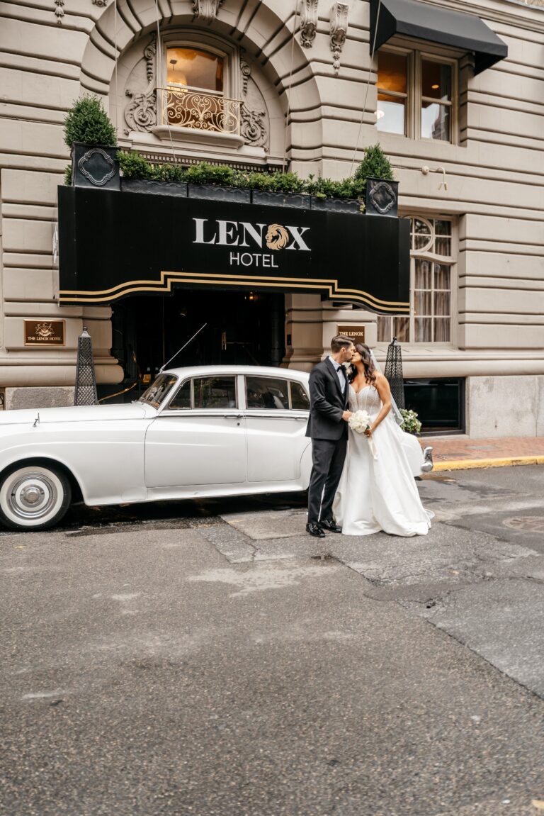 Bride and groom at The Lenox Hotel Boston wedding venue, romantic city wedding at a luxury Boston hotel wedding venue