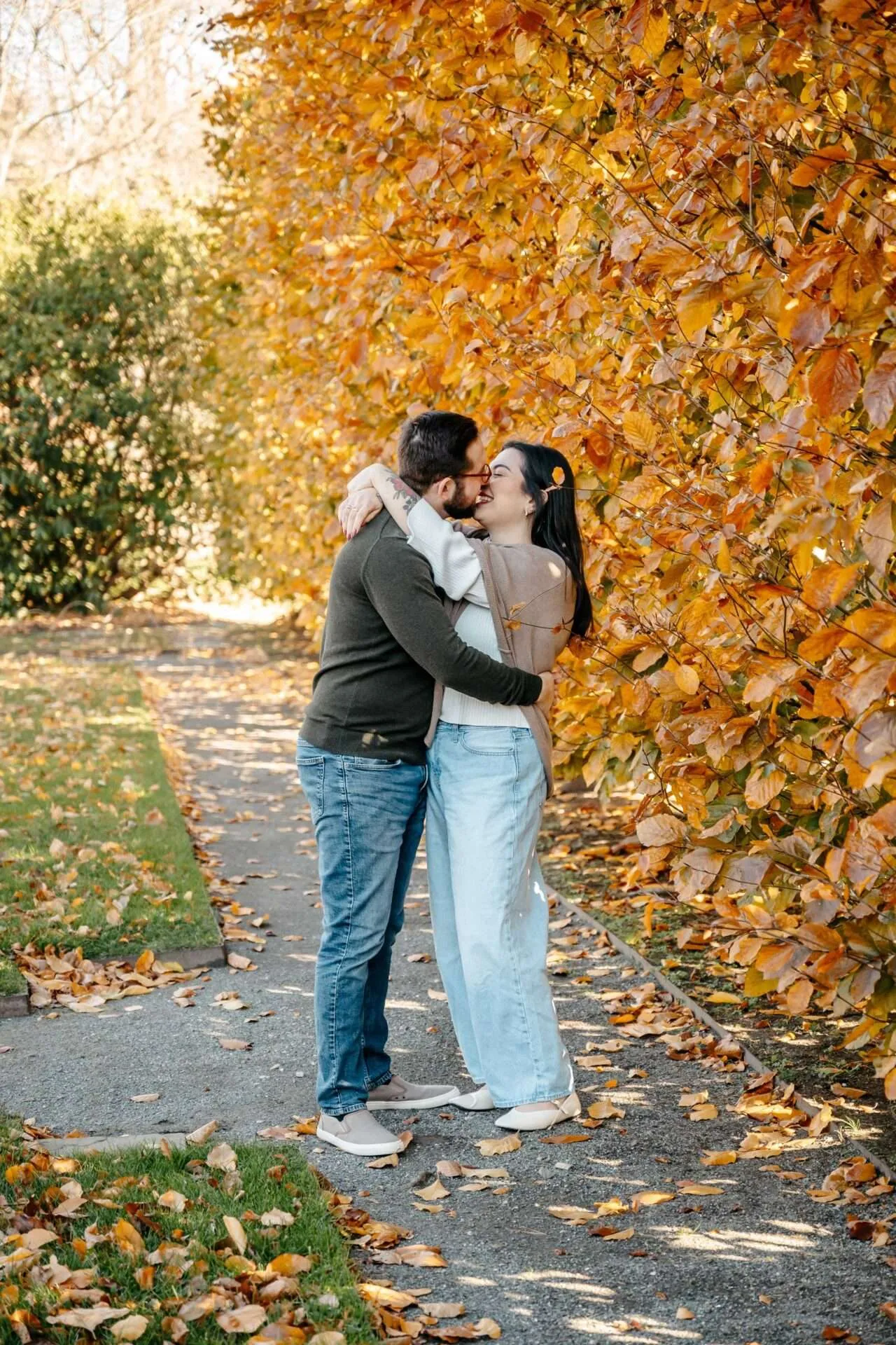 couple kissing under a fall tree in boston