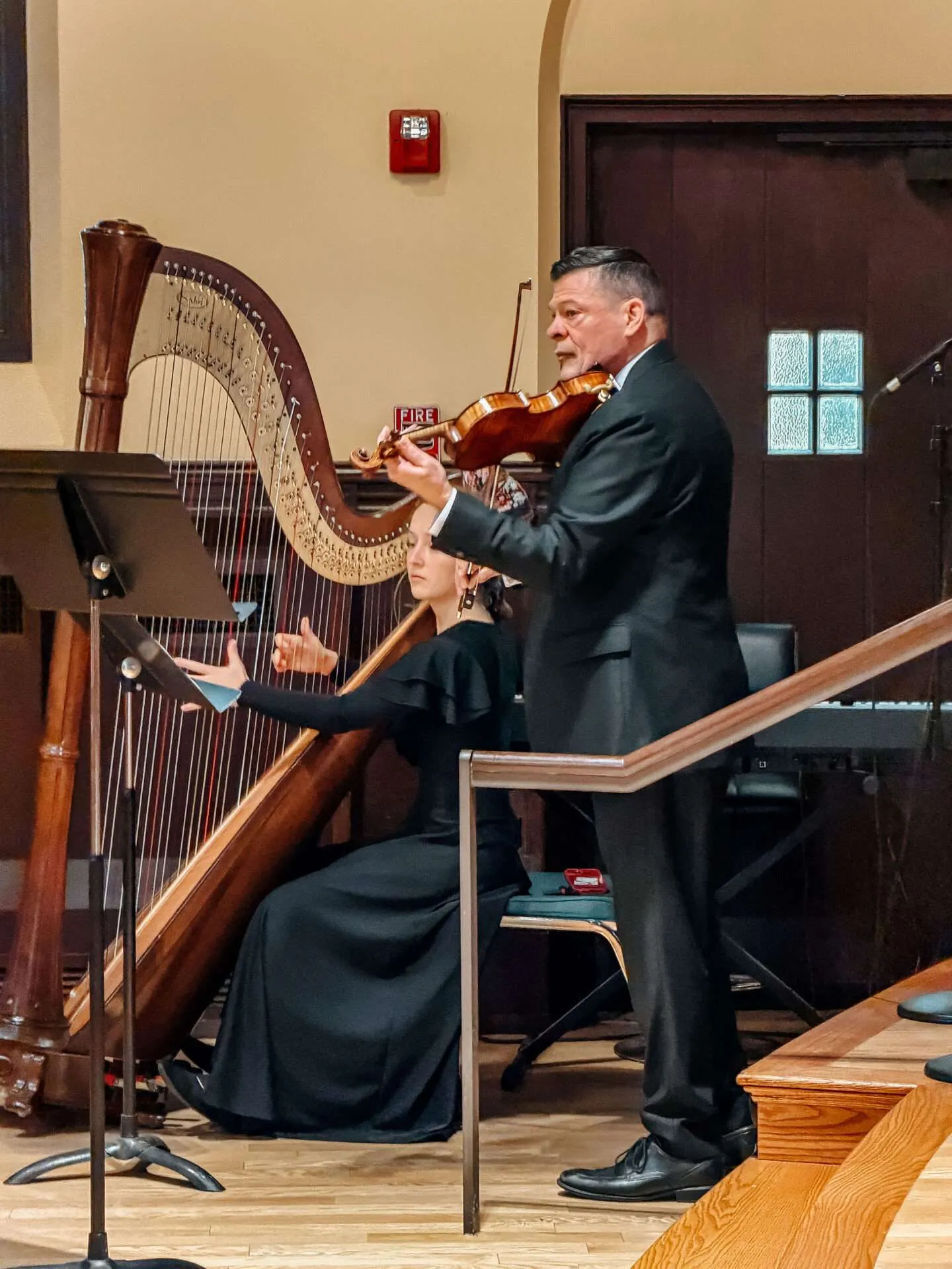 A violinist and a harpist play for a ceremony in Boston small wedding venues